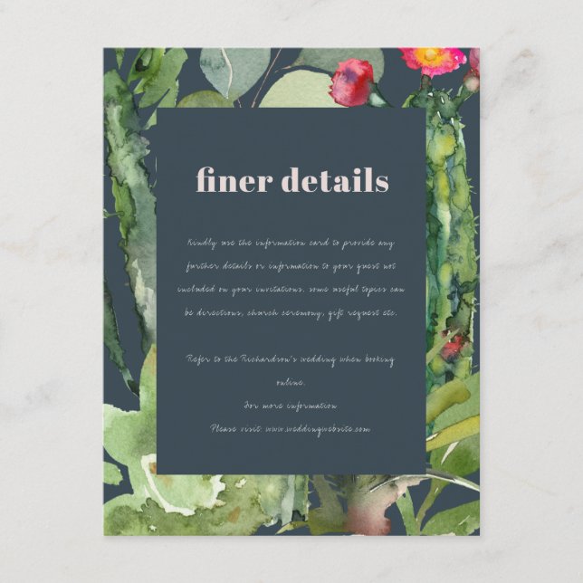 NAVY CACTI FOLIAGE WATERCOLOR WEDDING DETAILS ENCLOSURE CARD (Front)