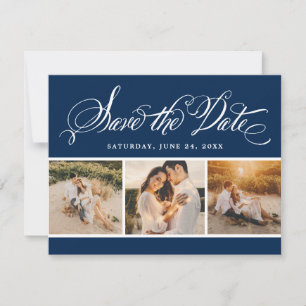 Navy Calligraphy Script Wedding Photo Collage Save The Date