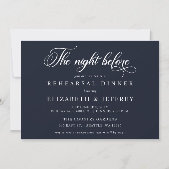 Navy Calligraphy The Night Before Rehearsal Dinner Invitation (Front)
