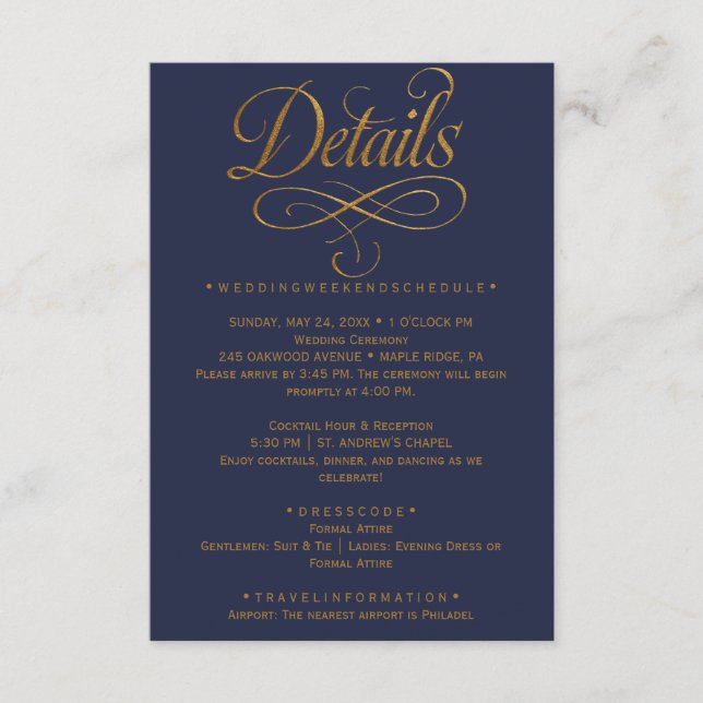Navy Calligraphy Wedding Details Card (Front)