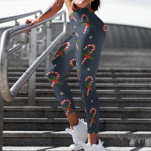 Navy Candy Cane Holly Christmas Holiday Capri Leggings