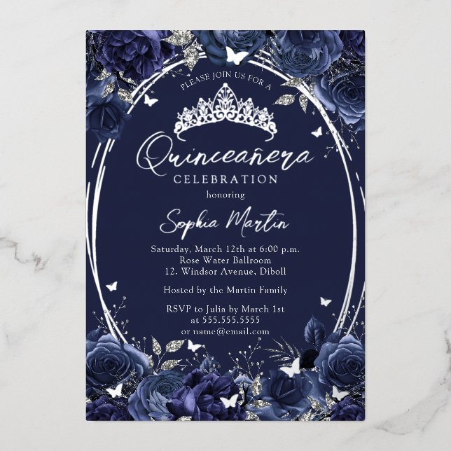Navy Captivating Floral Butterfly Quinceanera (Front)
