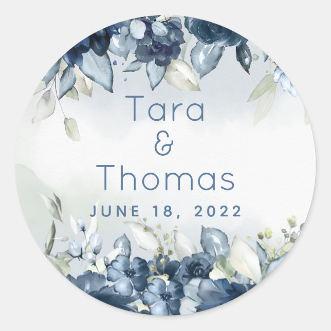 Navy Cascading Roses Peonies Greenery Wedding Classic Round Sticker (Front)