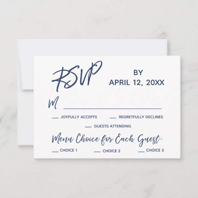 Navy Casual Handwriting Menu Options Wedding RSVP (Front)