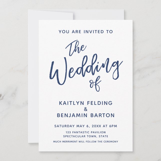 Navy Casual Modern Minimal Hand Typography Wedding Invitation (Front)