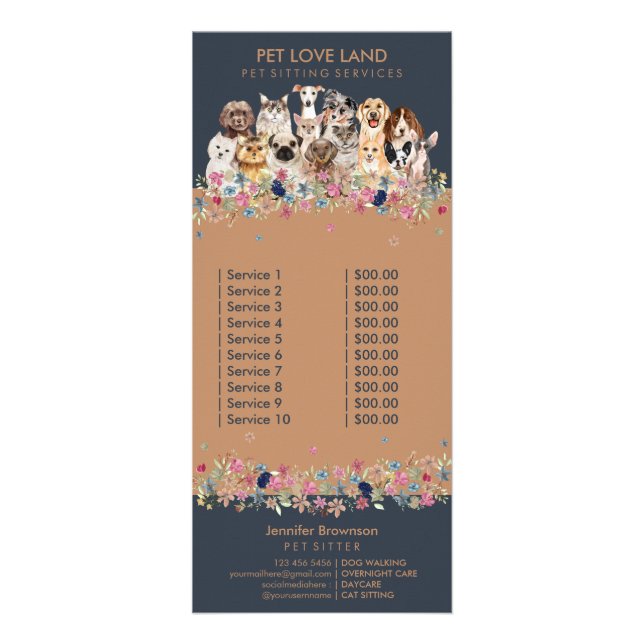 Navy Cats Dogs Price List Pet Services Rack Card (Front)