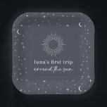 Navy Celestial First Trip Around The Sun Paper Plate<br><div class="desc">A navy background with a stars and moon pattern around the outside. Inside the design features a sun outline,  with 'first trip around the sun' typography featuring your child's name. Perfect for your little one's First Birthday party!</div>