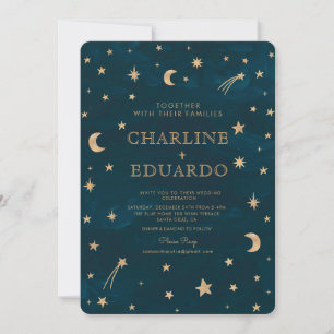 Navy Celestial Gold Stars Moon Astronomy Wedding Invitation