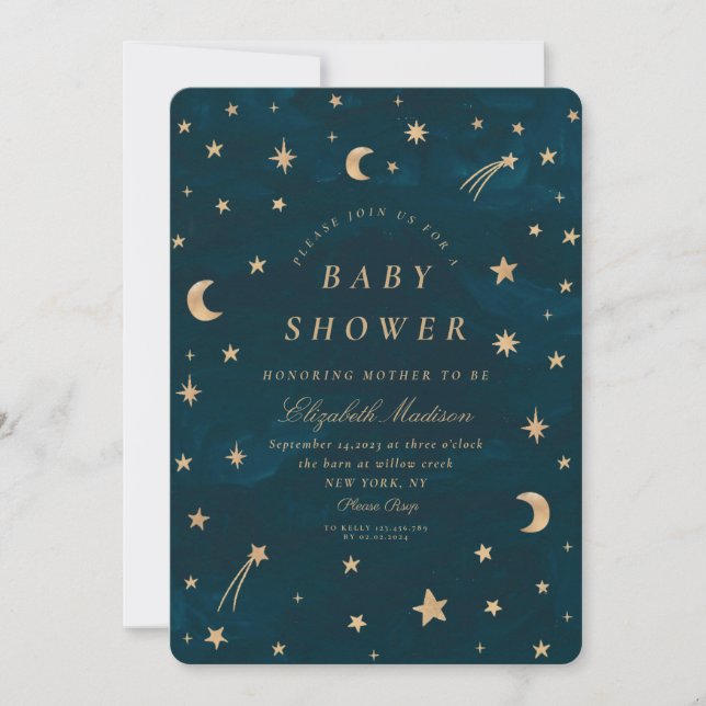 Navy Celestial Gold Stars Moon Baby Shower  Invitation (Front)