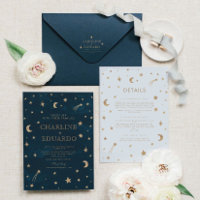 Navy Celestial Gold Stars Moon Elegant Wedding
