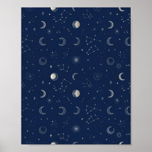 Navy Celestial Moon and Stars Art Poster