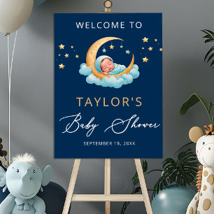 Navy Celestial Moon Stars Baby Shower Welcome Sign