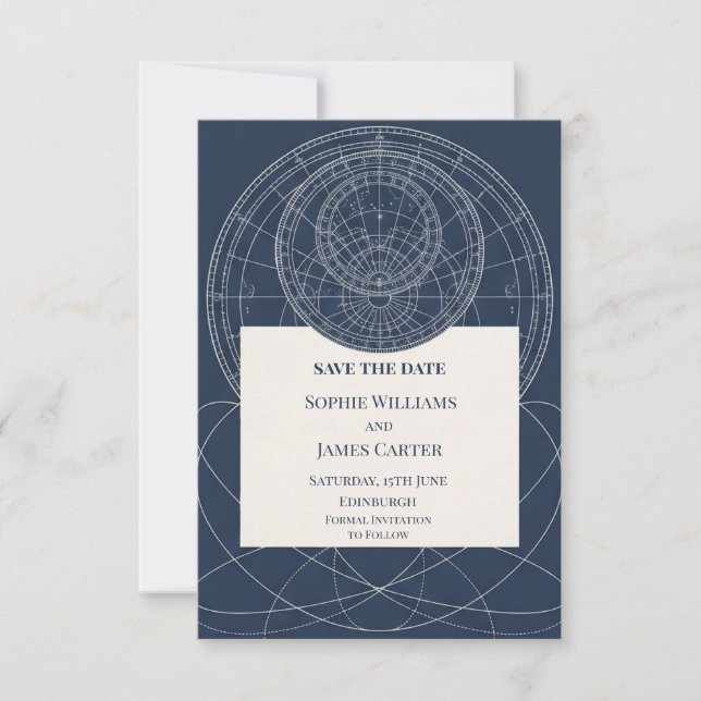 Navy Celestial Star Map Wedding Save The Date (Front)