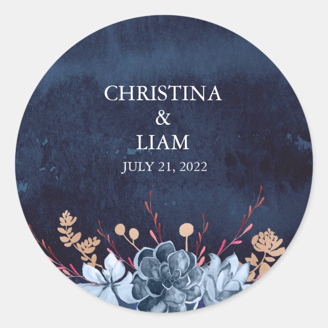Navy Chalkboard Floral Wedding Sticker Label (Front)
