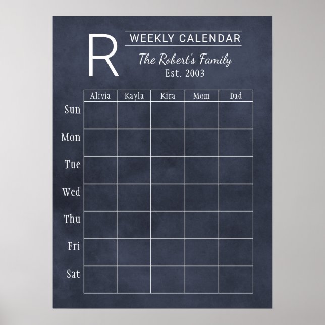 Navy Chalkboard Weekly Family Monogram Calendar Poster (Front)