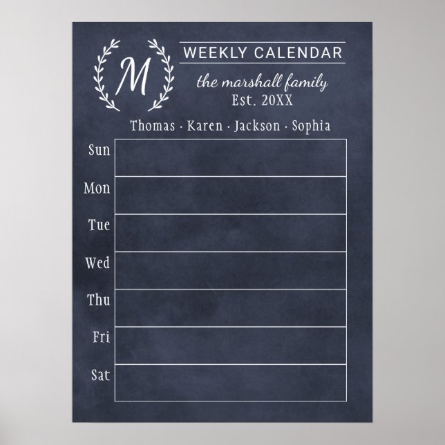 Navy Chalkboard Weekly Family Monogram Calendar Poster (Front)