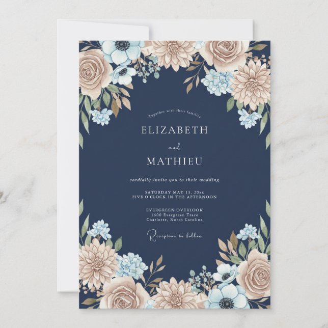 Navy Champagne Dahlia Wedding Invitation (Front)