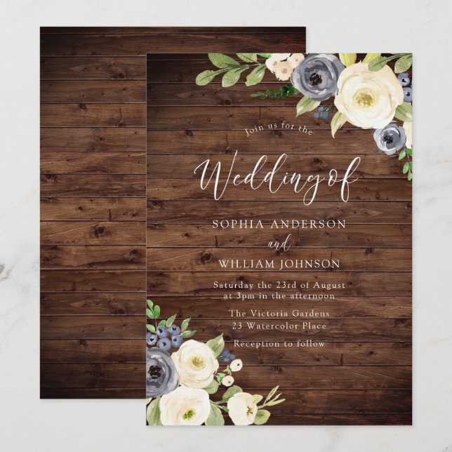 Navy & Champagne Flowers Rustic Wedding Invitation (Front/Back)