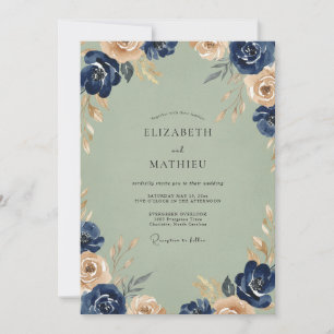 Navy Champagne Ranunculus Eucalyptus Wedding Invitation