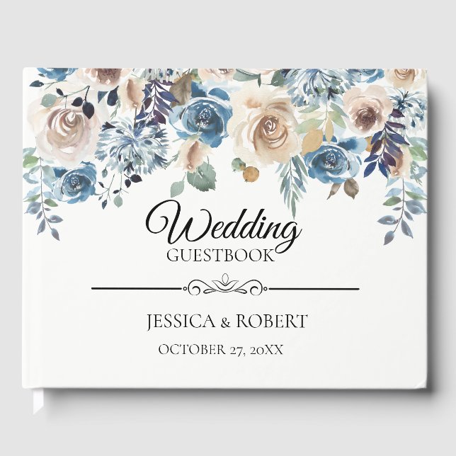 Navy Champagne Watercolor Floral Wedding Guestbook (Front)