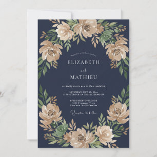 Navy Champagne Watercolor Floral Wedding Invitation