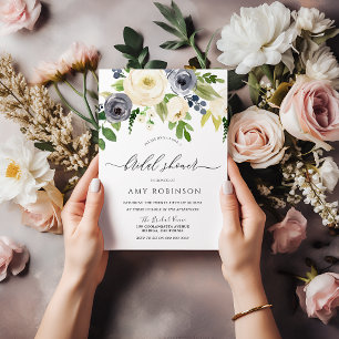 Navy & Champagne Watercolor Flowers Bridal Shower Invitation