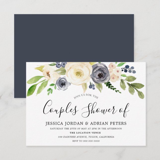 Navy & Champagne Watercolor Flowers Couples Shower Invitation (Front/Back)