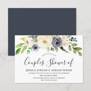 Navy & Champagne Watercolor Flowers Couples Shower Invitation