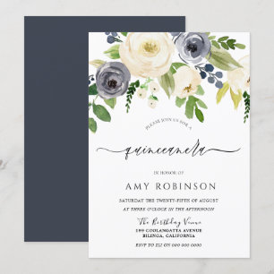 Navy & Champagne Watercolor Flowers Quinceanera Invitation