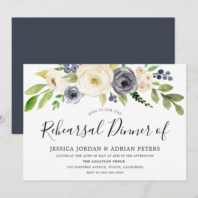 Navy Champagne Watercolor Flowers Rehearsal Dinner Invitation (Front/Back)
