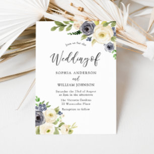 Navy & Champagne Watercolor Flowers Wedding Invitation