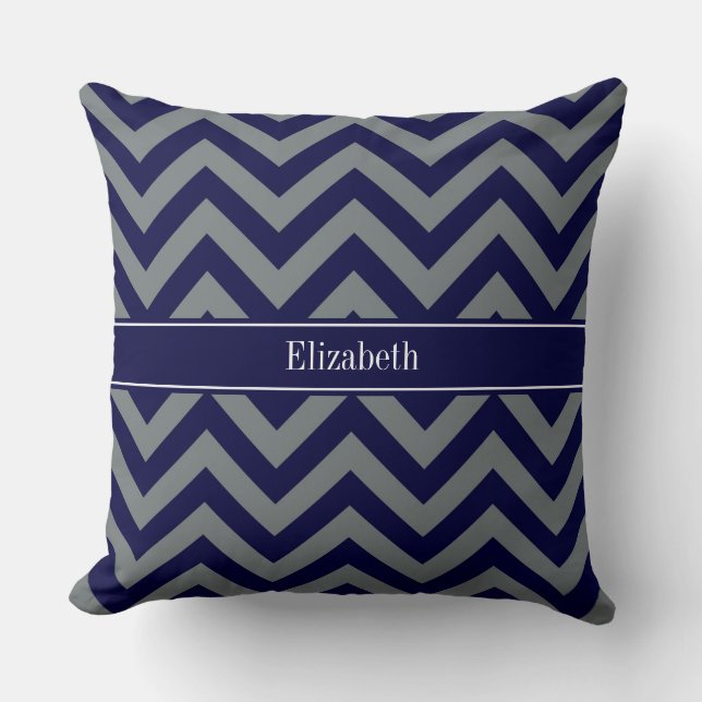Navy, Charcoal LG Chevron Navy Blue Name Monogram Cushion (Front)