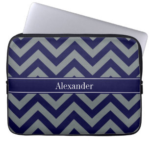 Navy, Charcoal LG Chevron Navy Blue Name Monogram Laptop Sleeve