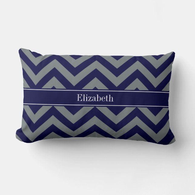 Navy, Charcoal LG Chevron Navy Blue Name Monogram Lumbar Cushion (Front)