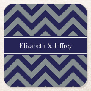 Navy, Charcoal LG Chevron Navy Blue Name Monogram Square Paper Coaster