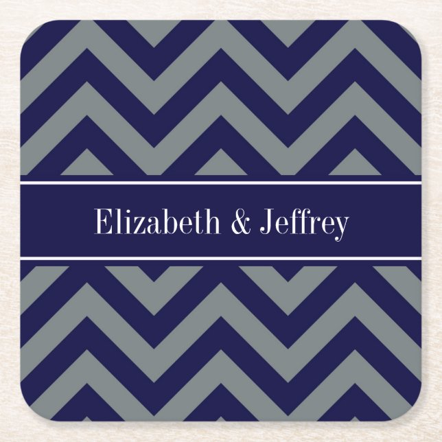Navy, Charcoal LG Chevron Navy Blue Name Monogram Square Paper Coaster (Front)