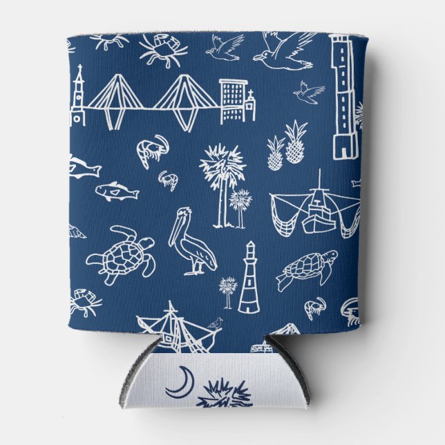 Navy Charleston Toile Pattern Can Cooler (Front)
