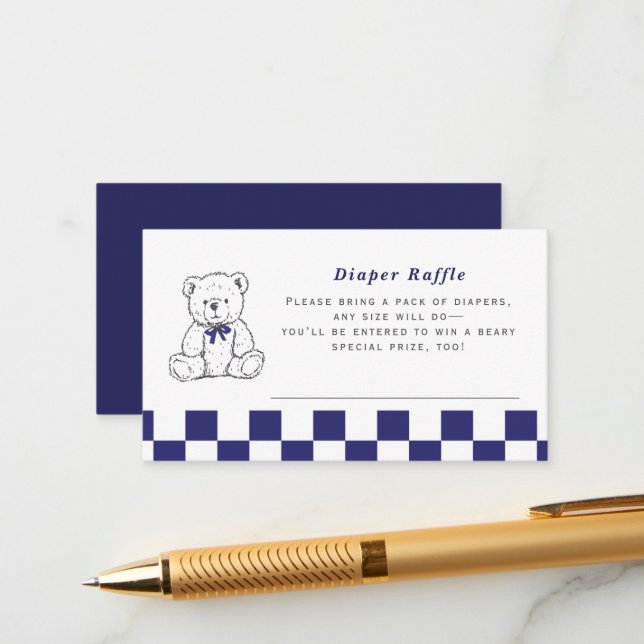 Navy Chequered Teddy Bear–Little Cub Diaper Raffle Enclosure Card (Front/Back In Situ)