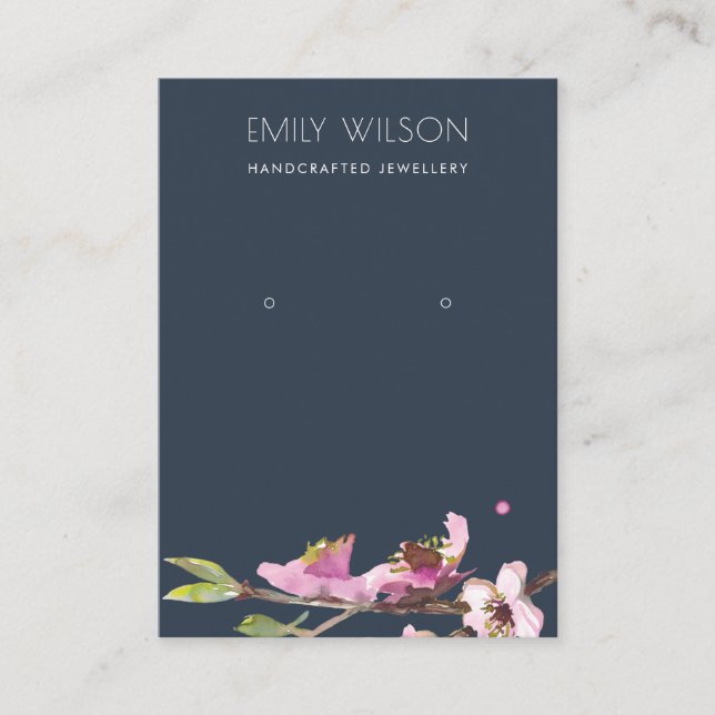 NAVY CHERRY BLOSSOM FLORAL EARRING DISPLAY LOGO BUSINESS CARD (Front)