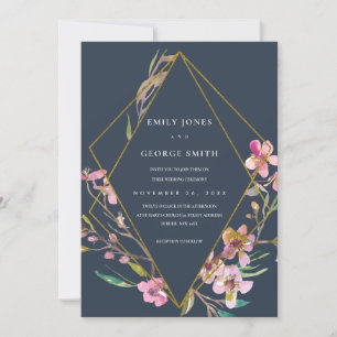NAVY CHERRY BLOSSOM FLORAL FRAME WEDDING INVITE