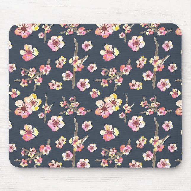 Navy Cherry Blossom Floral Mouse Mat (Front)