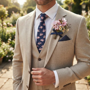 Navy Cherry Blossom Soft Pink Sakura Floral  Tie