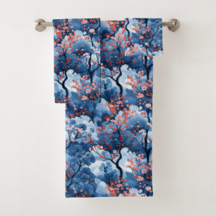 Navy Cherry Blossom Trees Bath Towel Set