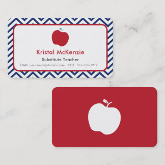 Navy Chevron and Red Apple Teacher Business Cards