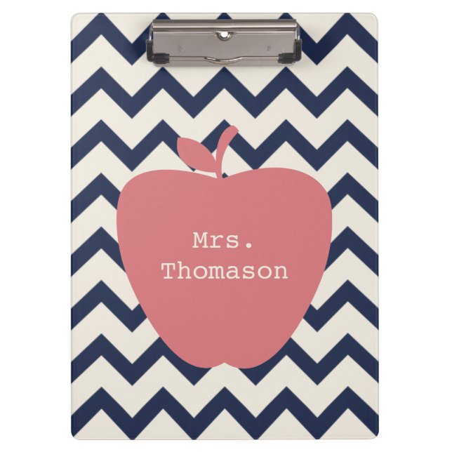 Navy Chevron Coral Apple Teacher Clipboard (Front)