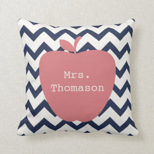 Navy Chevron Coral Apple Teacher Pillow