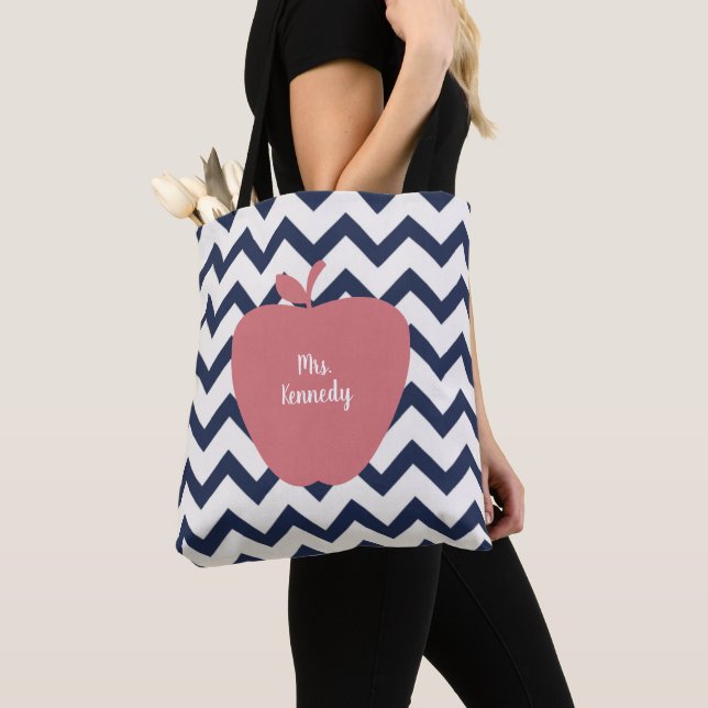 Navy Chevron Coral Apple Teacher Tote Bag (Close Up)