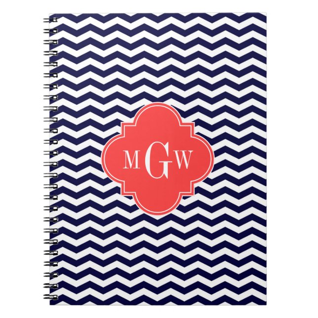 Navy Chevron Coral Red Quatrefoil 3 Monogram Tn Notebook (Front)