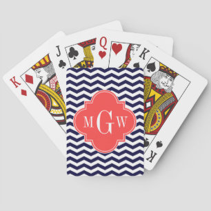 Navy Chevron Coral Red Quatrefoil 3 Monogram Tn Playing Cards