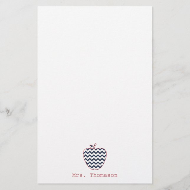 Navy Chevron & Coral Teacher Apple Stationery (Front)